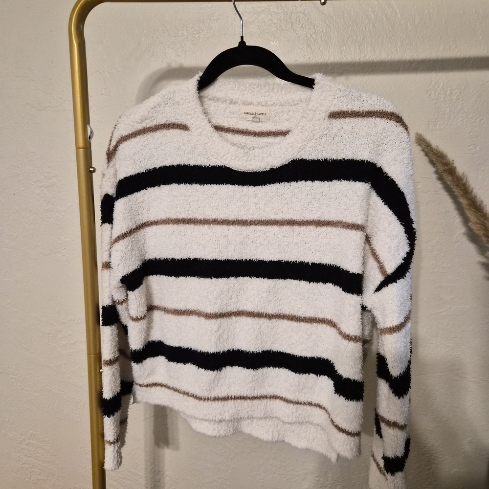Striped Fuzzy Sweater - Black, White, and Brown